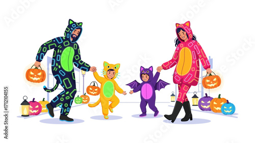 Family Halloween Fun: A joyful family dressed in colorful Halloween costumes happily celebrate in a festive scene with pumpkins and lanterns in a vector illustration.