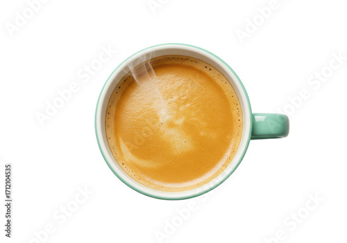 Isolated top-down view of a hot steaming espresso in a teal-colored ceramic cup, nobody there