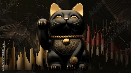 Black cat figurine with golden details against dark background  