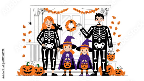 Family's Spooktacular Halloween: A family, adorned in playful costumes and set before a festive house, captures the essence of Halloween with a delightful display of pumpkins and spooky details. 
