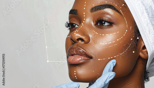 Profile of serene black woman with dotted line on face for cosmetic procedure