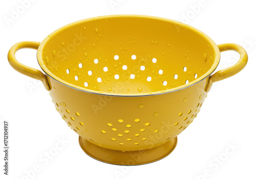Isolated kitchen colander with water droplets, yellow strainer washing vegetables food preparation