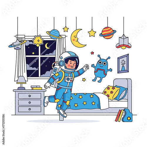 A young boy in an astronaut suit dreams of space adventures, encountering friendly aliens in his bedroom.