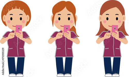 スマホを操作するえんじ色の制服の女性看護師。その2