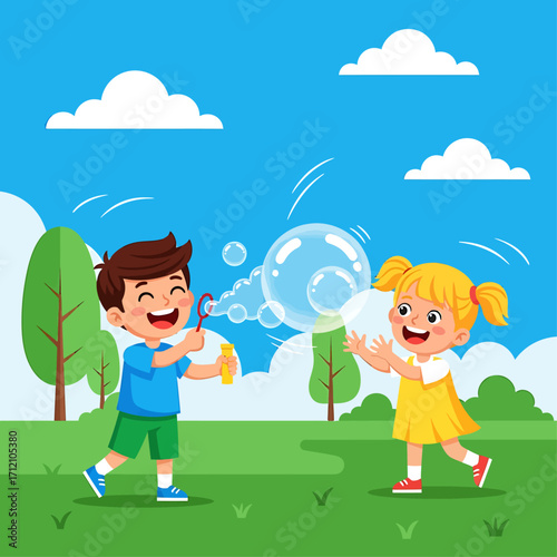 Happy children playfully blowing and chasing giant soap bubbles in a sunny park.