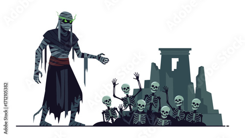 Mummy's Army: A fearsome mummy, shrouded in bandages and emanating an aura of ancient power, commands an army of skeletons, as they rise from their crypts among weathered ruins.