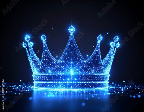 A luminous blue digital crown rendered with glowing particles and a wireframe effect on a dark background, symbolizing royalty and technology.