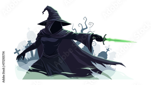 Shadowy Witch: A mysterious and shadowy figure, cloaked in a dark robe and a pointed hat, stands amidst a haunting graveyard, holding a magical dagger.