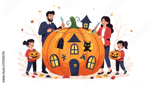 Halloween Family Fun: A heartwarming illustration showcases a family engrossed in carving a giant pumpkin house.