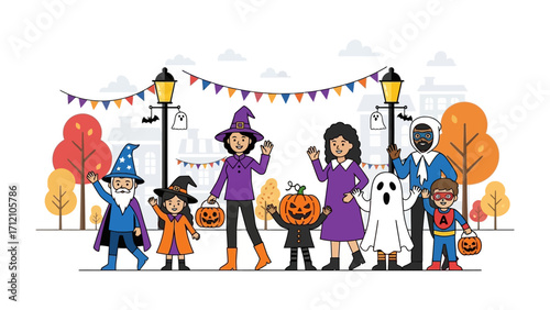 Halloween Costume Parade: A cheerful illustration of diverse individuals joyfully parade in whimsical Halloween costumes, embracing the spooky spirit of the holiday. 