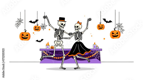 Dancing Skeletons Halloween Celebration: In this animated artwork, two skeletons gleefully dance in the midst of a Halloween party atmosphere.