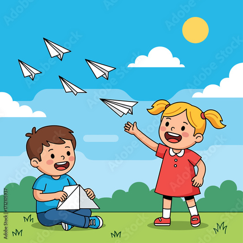 Two children joyfully playing outside, launching paper airplanes into the bright blue sky.