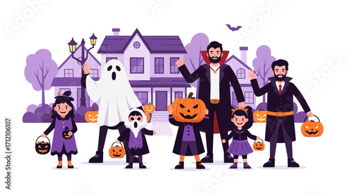 Halloween family: A lively family scene captures the essence of Halloween, adorned in vibrant costumes and immersed in the holiday spirit. Trick-or-treating, smiles.