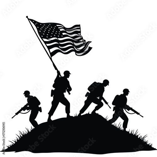 Silhouette soldiers carrying American flag up hill