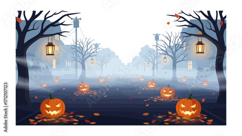 Halloween Street Scene: Spooky pumpkins and eerie street lamps adorn a misty, moonlit avenue, hinting at the fun of All Hallow's Eve. The image creates a eerie mood with playful and intriguing scene.