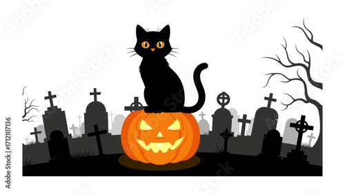 Halloween Feline: A spooky black cat perched atop a carved pumpkin, casting an eerie presence over a graveyard scene on a dark Halloween night, embodies the spirit of All Hallows' Eve. 