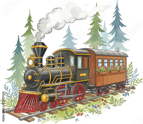 Vintage steam locomotive with passenger cars travels through a lush green forest with tall pine trees
