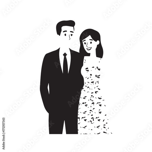 Beautiful Woman in Formal Dress Black and White Illustration Vector Art Design
