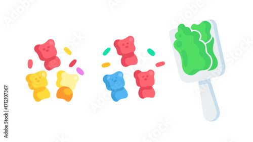Colorful gummy bears candy and green popsicle dessert sweet treats confectionery food art