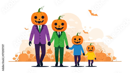 Pumpkin Head Family's Halloween Gathering: A heartwarming illustration depicts a family of pumpkin-headed figures, dressed in suits and sweaters.