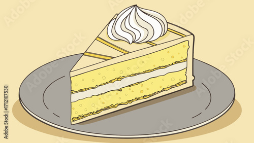Delicious lemon cake slice with cream topping on plate for dessert lovers delight