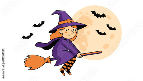 Spirited Witch Flight: A cheerful witch in a traditional hat and cloak takes to the moonlit sky, flying with a broom and accompanied by playful bats, offering a fun and spooky illustration.