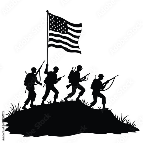 Silhouette soldiers marching with American flag on grassy hill