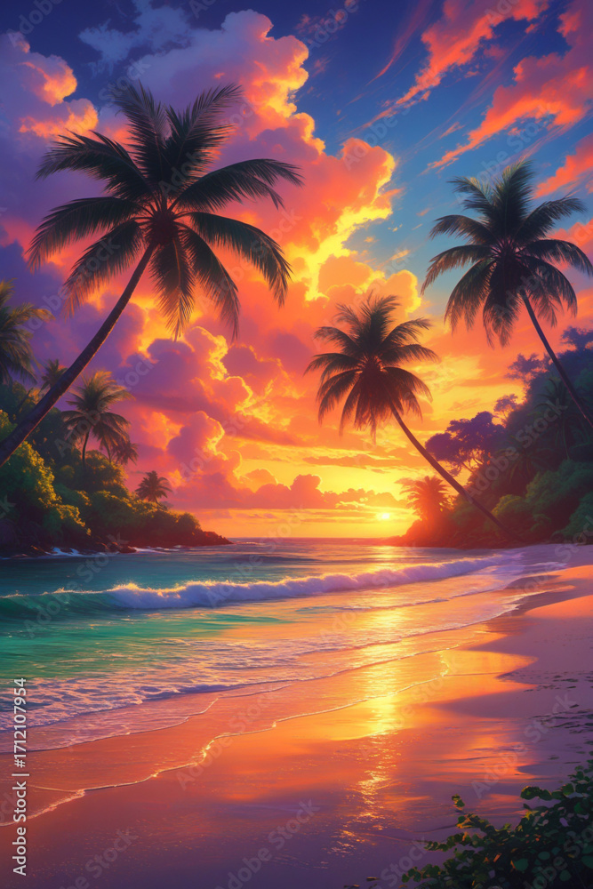 Obraz premium Vibrant tropical sunset over a serene ocean with palm trees