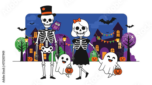 Halloween Skeleton Family and Ghosts Illustration: A spooky yet charming illustration depicts a skeleton family enjoying Halloween with ghost companions.