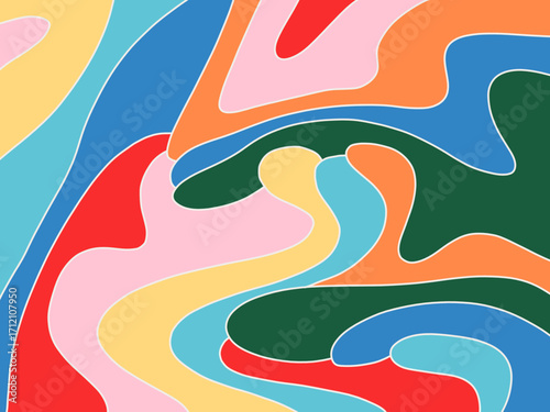 Multicolor Horizontal Abstract Background with Neon Liquid Waves. Trendy Vector Illustration in Rainbow Retro Style 60s, 70s.