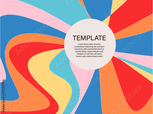 Multicolor Horizontal Abstract Background with Neon Liquid Waves and Circular Text Space. Trendy Vector Illustration in Rainbow Retro Style 60s, 70s.
