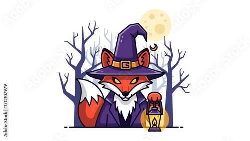 Fox with Witch Hat: A captivating cartoon illustration presents a charming fox, adorned in a witch's hat and cloak, holding a lantern against a backdrop of a whimsical forest.