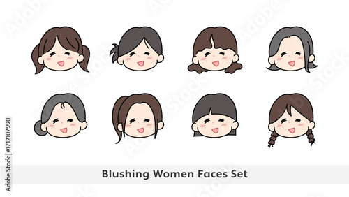 照れた顔の女性 顔アイコンセット