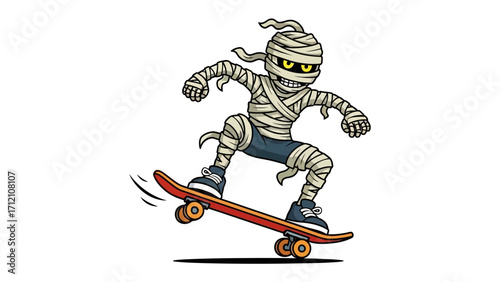 Mummy Skateboarder: A cartoonish depiction of a mummy fearlessly executing a skateboarding trick, exuding a sense of fun and daring.