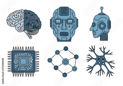 Artificial Intelligence and Machine Learning Concepts Illustrated - A Collection of AI Brain, Robot, Chip, Network, Neuron
