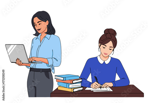 Two women working and studying at desks, one using a laptop, the other writing in books
