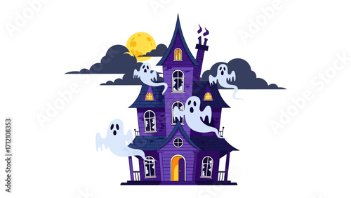 Haunted House with Ghosts: An illustrated scene of a spooky haunted house at night, complete with a full moon, dark clouds, and spectral ghosts, perfect for a Halloween or haunted theme.