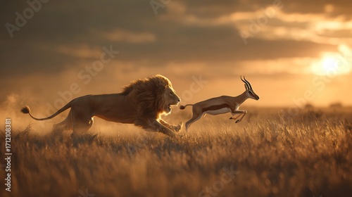 Lion chasing gazelle wildlife photography in african savanna at sunset nature animal predator prey chase