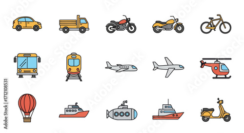 Collection of various transportation vehicles in flat style