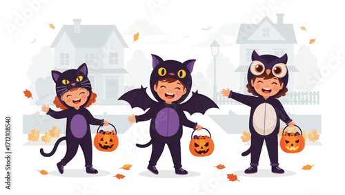 Halloween Costume Parade: A delightful illustration of children in playful halloween costume, trick-or-treating through a neighborhood.