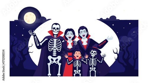 Halloween Gathering: An illustration depicts a family dressed in Halloween costumes, illuminated by a moonlit backdrop. Spooky scene capturing the essence of festive tradition.