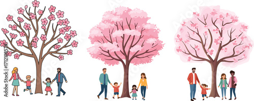 Cherry blossom trees, spring family outing, nature walk, parents with children, pink flowers, outdoor bonding, seasonal joy, blooming park, happy moments