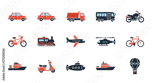 Collection of various transportation vehicles in flat style