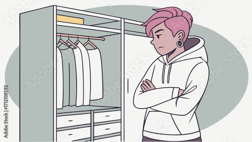 Woman standing in front of closet wardrobe choosing outfit clothes fashion style look