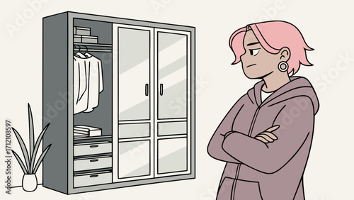 Illustration of woman with wardrobe closet organizing clothes and home interior design