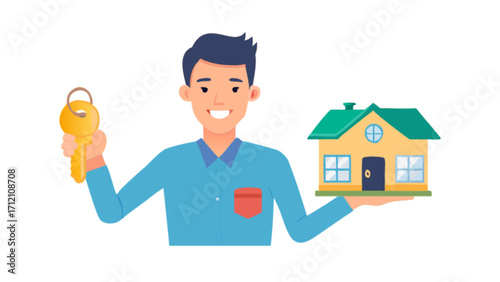 Real estate agent holding house and key for sale or rent property investment deal