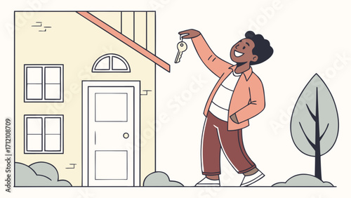 Happy man holding house key buying new home real estate property ownership concept art