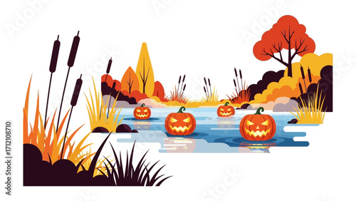Halloween Pumpkin Float: An autumnal tableau of carved pumpkins floating serenely on a tranquil lake under a vibrant autumn sky.
