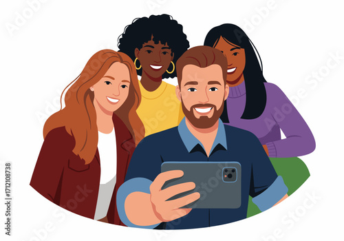 A cheerful group of diverse young friends smiling and taking a happy selfie together