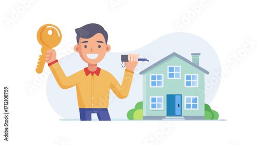 Real estate agent with key selling house for sale home loan property investment concept